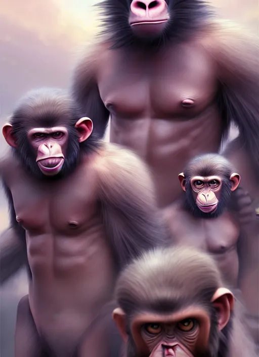 Image similar to of group of ape kids in costumes getting ready for battle against the heavens, perfect face anatomy, establishing cinematic movie scene of a cinematic scene, intricate, elegant, highly detailed, artstation, art by artgerm, anime, stylish, concept art, smooth, sharp focus, wlop