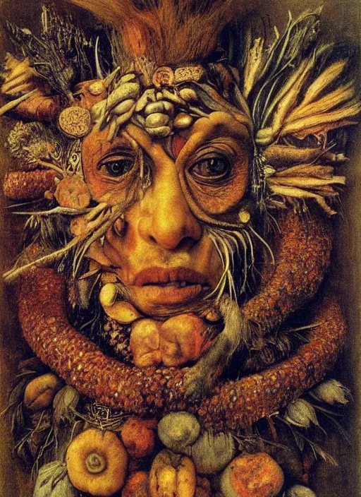 Prompt: a ((surreal)) painting of a shaman's face, by Giuseppe Arcimboldo, symbolist, soft colors, dramatic lighting, smooth, sharp focus, extremely detailed, aesthetically pleasing composition