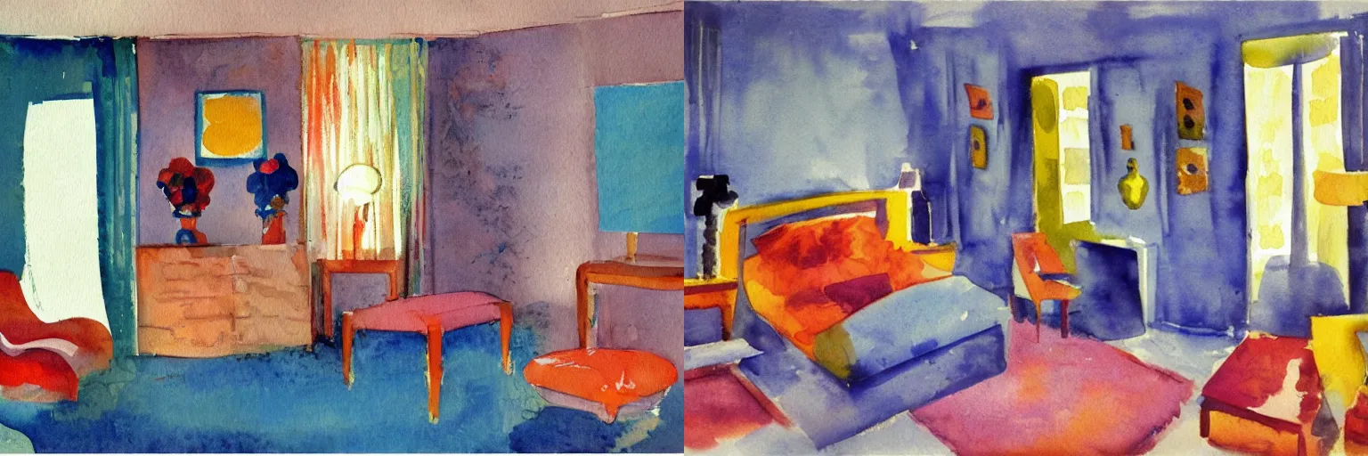 Prompt: impressionist watercolor painting of 70s retro bedroom design by Matisse