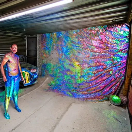 Image similar to a human standing in his garage, he is covered with iridescent bodypaint, shells and barnacles