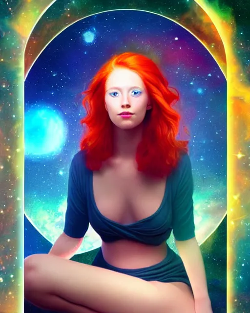 Image similar to space astral portrait of a beautiful girl, red hair, ginger hair, fantasy, glowing skin, smooth face, perfect eyes, half body shot, tarot card