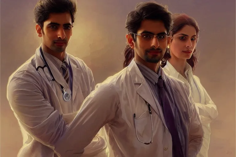 Image similar to Anxious good looking pale young Indian doctors wearing American clothes at the airport, portrait, elegant, intricate, digital painting, artstation, concept art, smooth, sharp focus, illustration, art by artgerm and greg rutkowski and alphonse mucha