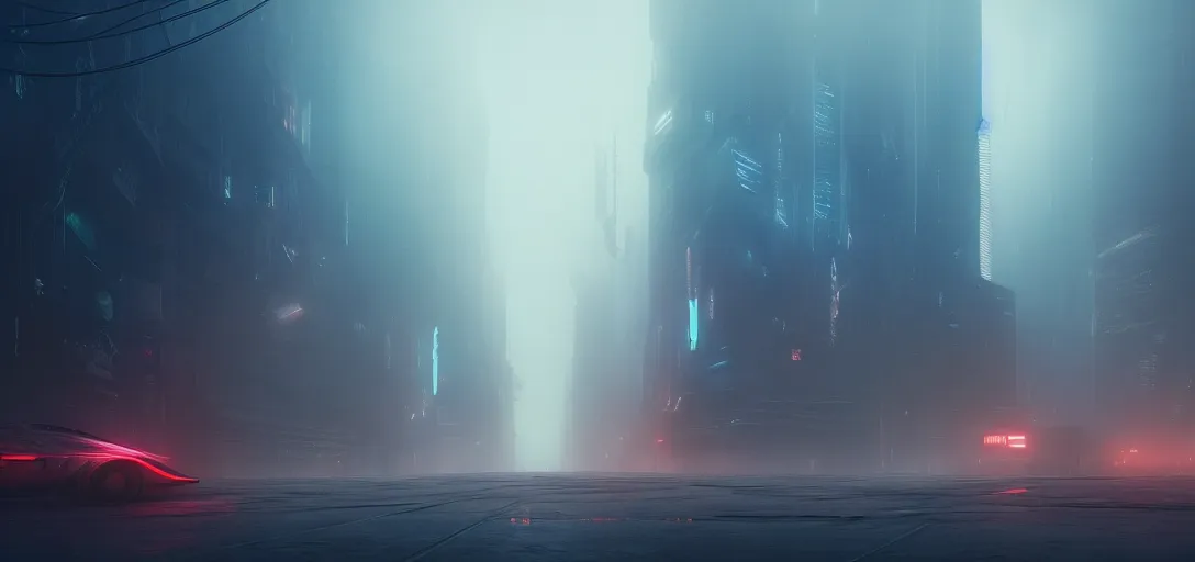 Prompt: view of an abandoned futuristic cyberpunk city at day, fog, blade runner 2 0 4 9, highway, empty, symmetry, cinematic lighting, ultra detailed, sharp, ambient occlusion, raytracing, by greg rutowski, paul chadeisson and jessica rossier