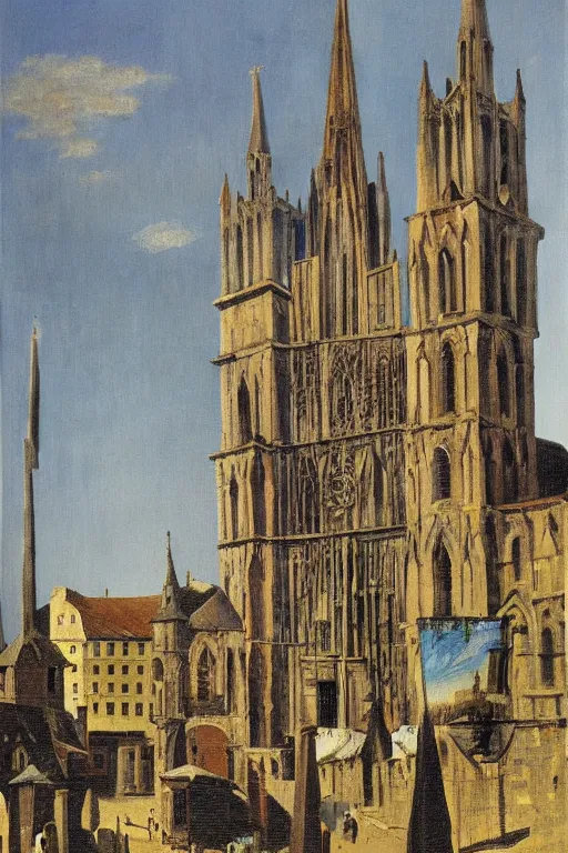 Image similar to a painting by max ernst of a medieval town square with a looming cathedral