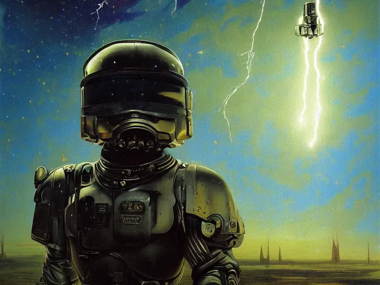 Image similar to a detailed profile oil painting of a lone shock trooper in a space armour with reflective helmet, cinematic sci-fi poster. technology flight suit, bounty hunter portrait symmetrical and science fiction theme with lightning, aurora lighting clouds and stars by beksinski carl spitzweg and tuomas korpi. baroque elements, full-length view. baroque element. intricate artwork by caravaggio. Trending on artstation. 8k