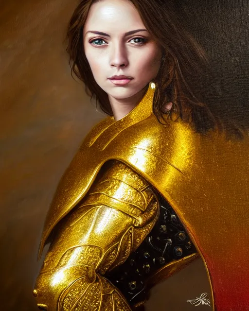 Prompt: oil painting portrait of woman in shining golden armor, high production value, intricate details, high resolution, hdr, high definition, masterpiece, realistic, ultrarealistic, highly detailed, hd, sharp focus, non blurry, sharp, smooth