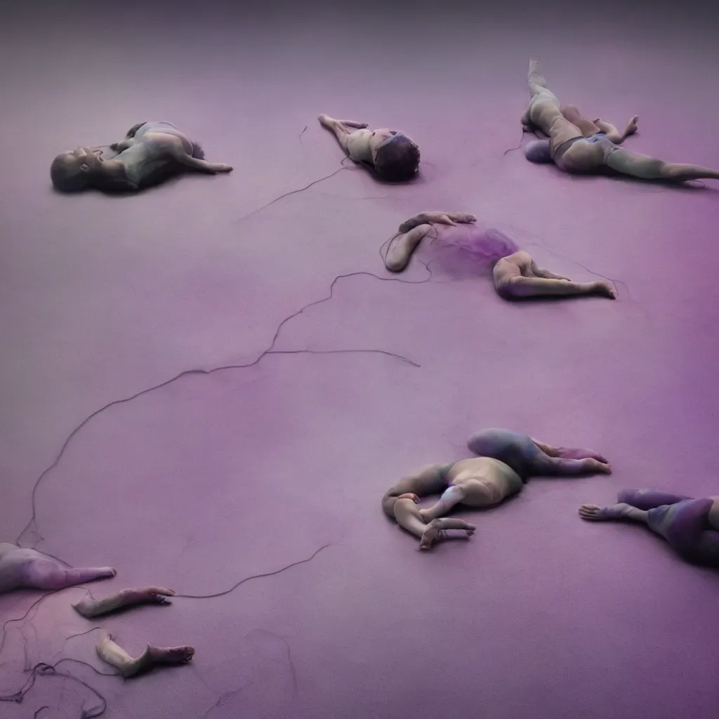 Image similar to iridiscent oil spill with women corpses connected by cables and computers to wax forms to a buried baby relaxing on yoga mat, faded, iridiscent gradient, dust, purple fog, depth of field, by nadav kander and hans bellmer, 8 k, ultrarealistic, sad atmosphere, cinematic, 8 5 mm lens