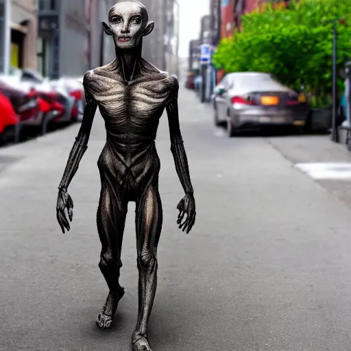 Image similar to an 8 k super hi res hdr realistic humanoid alien walking down a street in brooklyn