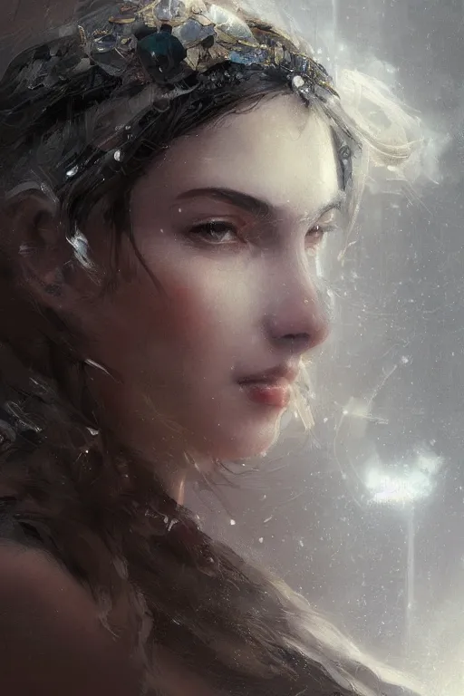 Image similar to greek goddess of ai art, close - up portrait, powerfull, intricate, elegant, volumetric lighting, scenery, digital painting, highly detailed, artstation, sharp focus, illustration, concept art, ruan jia, steve mccurry