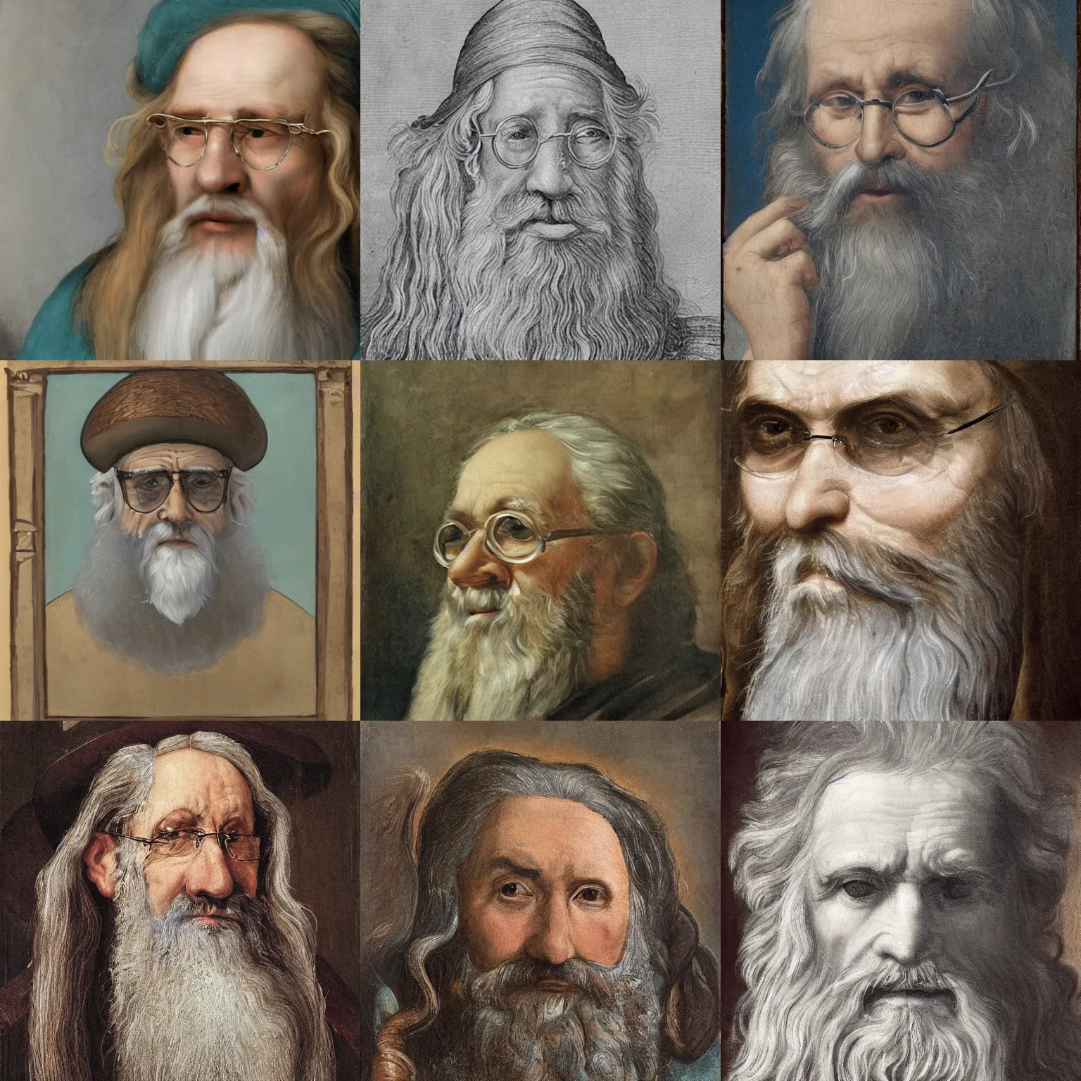 Prompt: face portrait of a very old wizard with long silver hair and beard and light blue eyes, small half - moon glasses and a long crooked nose, highly detailed, renaissance painting