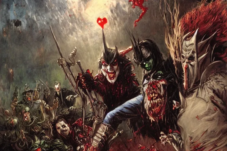 Prompt: vampire batman and zombie robin vs. joker van helsing. art by gaston bussiere.