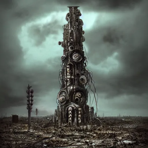 Image similar to giant evil bio-organic fleshy complex machine tower with tendrils and one eyeball at the top looking over a stormy post-apocalyptic wasteland, dystopian art