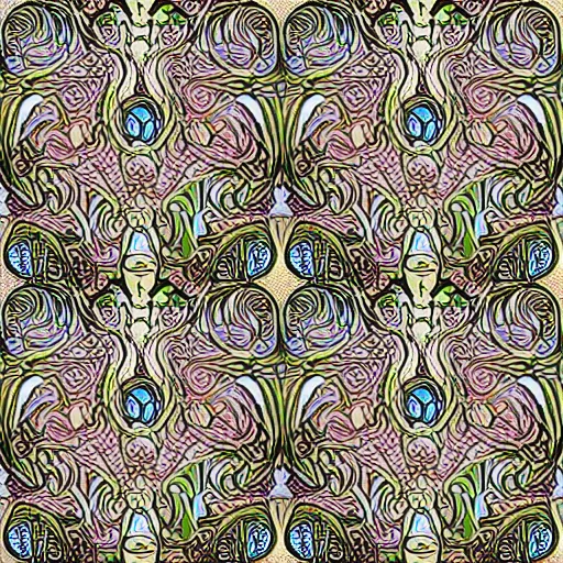 Prompt: Seamless Art Nouveau pattern, hyper-realistic Art nouveau pattern in style of Alphonse Mucha, Antoni Gaudi and Rene Lalique, seamless damask pattern, hyperdetailed curvy and swirly motifs, supersharp, hypermaximalist, smooth gradients