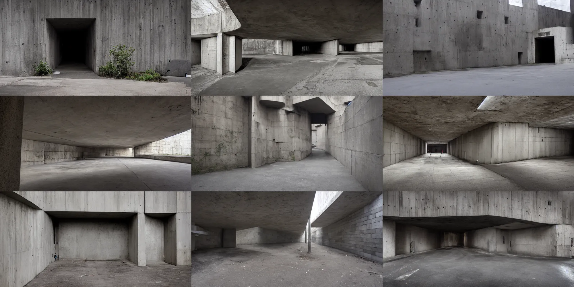 Prompt: outside a large dark sewer exit, brutalist environment