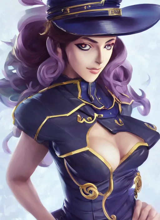 Image similar to a highly detailed illustration of beautiful girl cosplaying jotaro kujo, intricate, elegant, highly detailed, centered, digital painting, artstation, concept art, smooth, sharp focus, league of legends concept art, wlop.