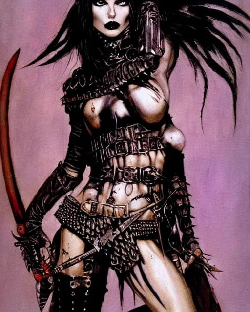 Prompt: portrait of a skinny punk goth sorceress wearing armor by simon bisley, john blance, frank frazetta, fantasy, barbarian