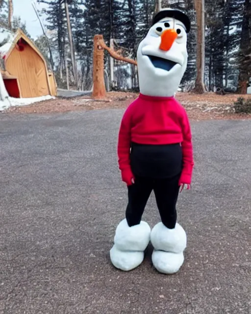 Prompt: photo of olaf from frozen with a human body, standing up, with a sweater and yoga pants.