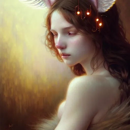 Image similar to Portrait of a girl angel with cream colored fuzzy frizzy hair, cat ears, glowing halo, wings, fantasy, intricate, elegant, highly detailed, digital painting, artstation, concept art, smooth, sharp focus, illustration, art by Krenz Cushart and Artem Demura and alphonse mucha