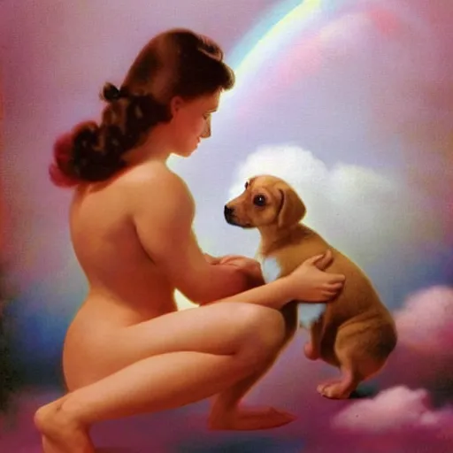 Prompt: a puppy sitting in front of a rainbow that extends to the clouds in heaven, digital art by Gil Elvgren