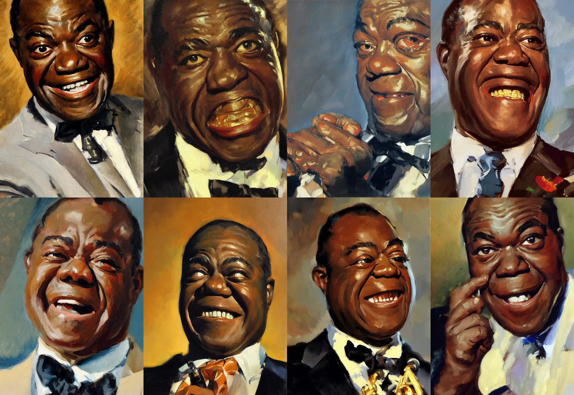 Prompt: a close - up portrait of louis armstrong, by greg manchess and john singer sargent and jonathan yeo, highly detailed oil painting