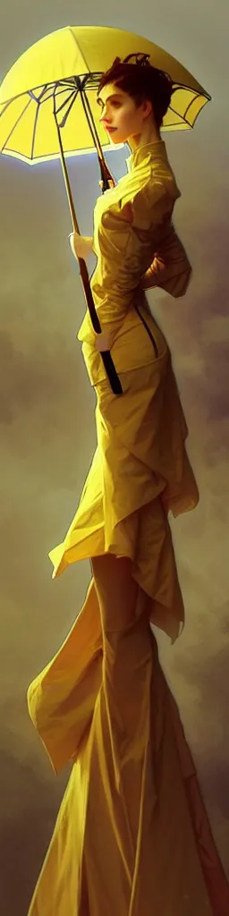 Prompt: A very tall, slender woman wearing puffy clothes and holding a yellow umbrella, sharp focus, intricate, elegant, digital painting, artstation, matte, highly detailed, concept art, illustration, ambient lighting, art by artgerm, Alphonse mucha, and Greg Rutkowski