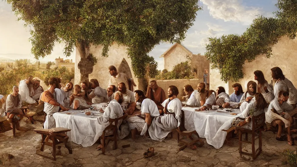 Image similar to soccer players seating in the scene of the last supper, under the porch of a typical portuguese house, with typical alentejo landscape in the back, sunny morning, matte painting, oil canvas, photorealistic illustration, extreme detail, hyper realistic, highly detailed, digital art