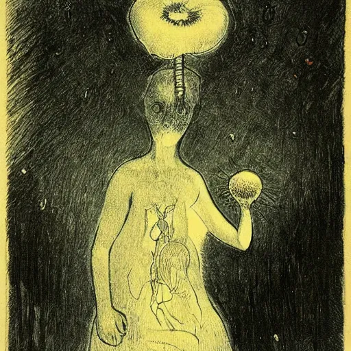 Image similar to the polyp goddess stretches her fungal spores amidst tick tock wretches and one two three, lithography print by Odilon Redon