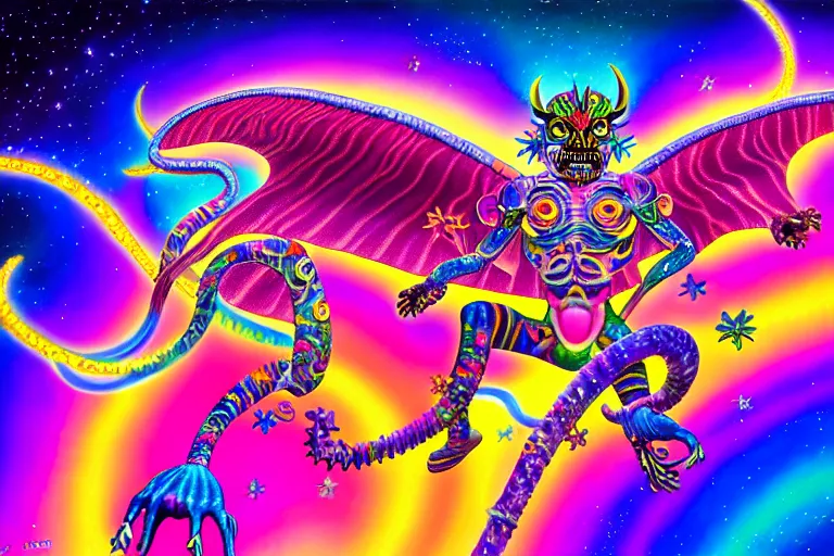 Prompt: lisa frank illustration of rebulon the ancient demon, painted by lisa frank, masterpiece concept art, 8 k, intricate detail, cinematic lighting, epic pose, bright colors