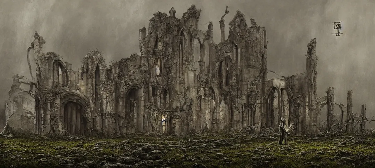 Prompt: Detail on scene, where terrified priest with tormented eyes is aiming the crucifix at grey ugly Alien, in a darkened room of a ruined castle, a dark, menacing atmosphere, horror,the essence of evil, in the style of Lee Madgwick