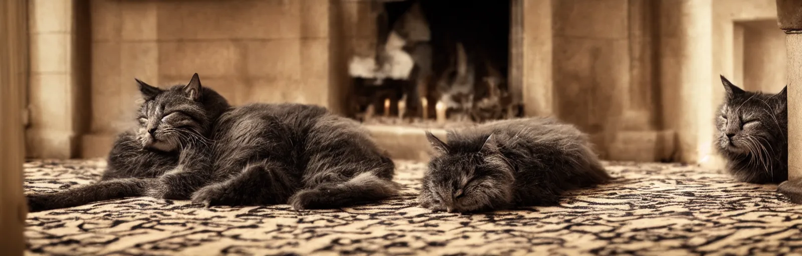 Prompt: a beautiful hairy cat sleeping next to a skull on an old carpet next to a fireplace, 4K, photorealistic, cinematic, moody fireplace lighting, UHD, HDR