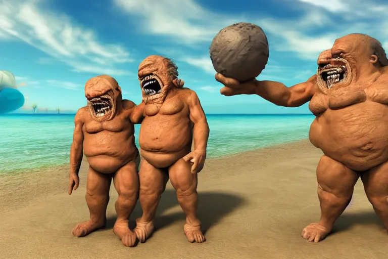 Prompt: photo, two old men!, two hairy fat ugly fight aliens 4 0 1 2 7 on a beach, highly detailed, scary, intricate details, volumetric lighting, front view