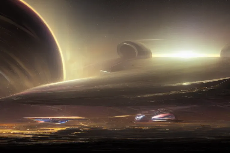 Image similar to a distant futuristic military installation, on the horizon, sleek, menacing, glowing lighting and neon signs, Raymond Swanland and Jessica Rossier nebula like clouds in space background near a ringed gas giant, hyper detailed hyper detailed, 8k, ultra realistic, cinematic lighting, ultra wide 35mm lens, Boeing Concept Art, Lockheed concept art