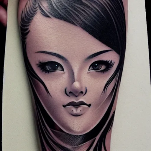 Prompt: tattoo design, stencil, traditional Japanese, beautiful portrait of a girl by artgerm, artgerm