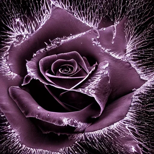 Prompt: award - winning macro of a beautiful black rose made of glowing molten magma on black background by harold davis, georgia o'keeffe and harold feinstein, highly detailed, hyper - realistic, inner glow, trending on deviantart, artstation and flickr, nasa space photography, national geographic