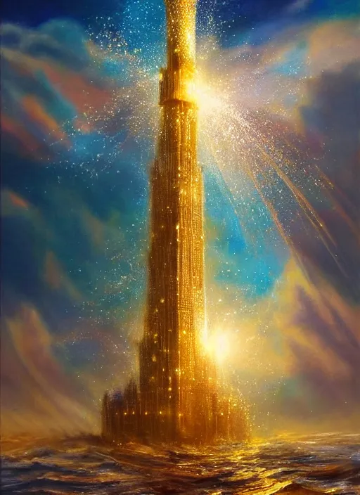 Image similar to a delicate sparkling gold fantasy tower splashes upwards from a turbulent ocean, dramatic lighting, rich colors, sunlight shimmering off the tower and the water and the spray, beautiful oil painting trending on artstation