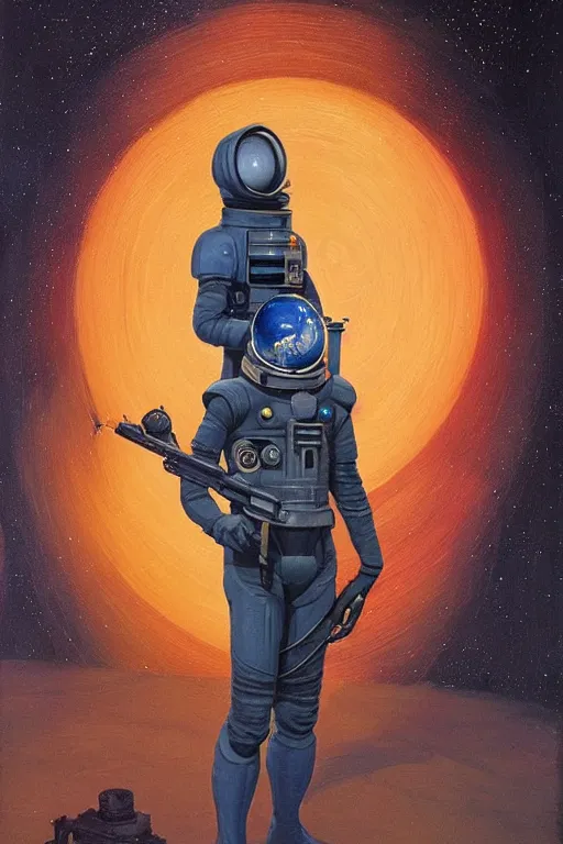 Image similar to a painting of a spaceman holding a rifle, concept art by michael whelan and tim white and vincent di fate, featured on deviantart, space art, concept art, sci - fi, cosmic horror