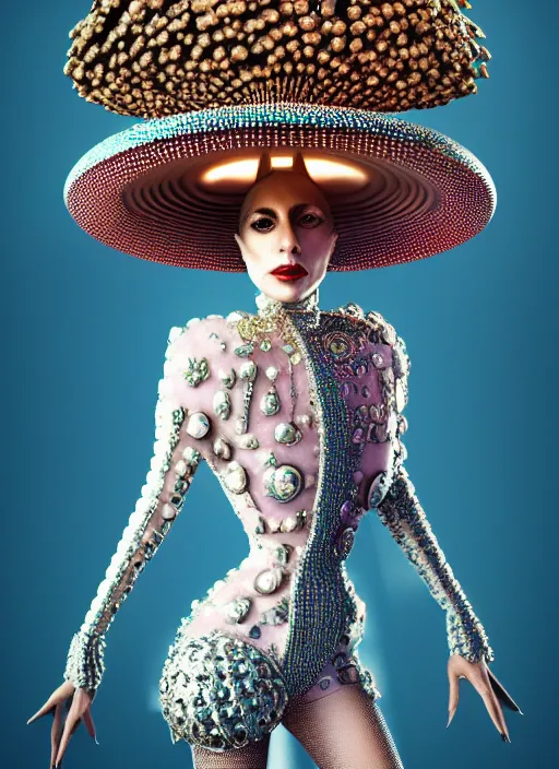 Image similar to lady gaga with futuristic mushroom : : by sandro botticelli : : ornate, dynamic, particulate, rich colors, intricate, elegant, highly detailed, vogue, harper's bazaar art, fashion magazine, smooth, sharp focus, 8 k, octane render,