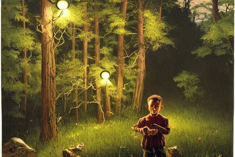 Prompt: a scenic view of a black boy in the middle of a magical forest with glow-worm lights near a lake, detailed, cinematic, dramatic scene, retro illustration by Norman Rockwell.