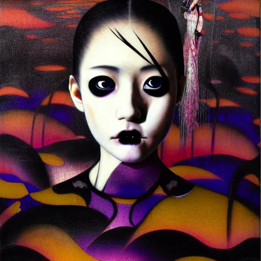 Image similar to yoshitaka amano blurred and dreamy realistic three quarter angle portrait of a young woman with black lipstick and black eyes wearing dress suit with tie, junji ito abstract patterns in the background, satoshi kon anime, noisy film grain effect, highly detailed, renaissance oil painting, weird portrait angle, blurred lost edges