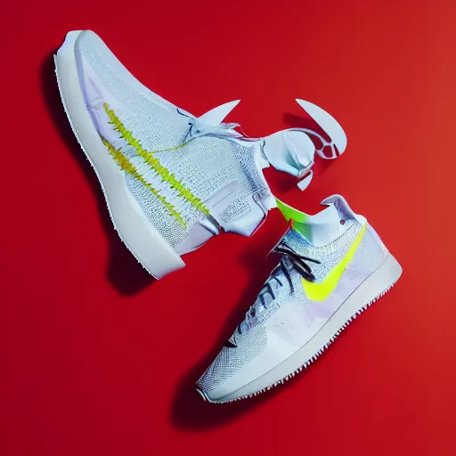 Image similar to a studio photoshoot of A Nike running sneaker designed by Virgil Abloh, mesh fabrics, Off-White, realistic, color film photography by Tlyer Mitchell, 35 mm, graflex