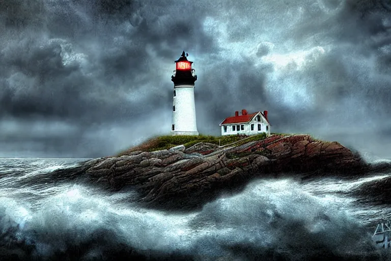 Prompt: hdr lighthouse cove in new england, stormy matte painting by andrea kowch, detailed realistic