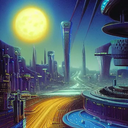 Prompt: moonlight over futuristic city of light synthwave bright neon colors highly details cinematic vladimir kush, philippe dru, roger deal, michael whelan,