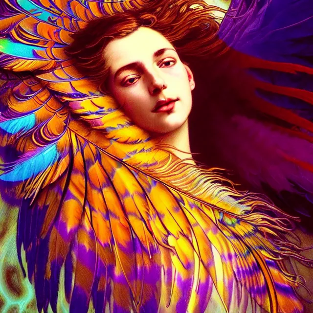 Image similar to face of psychedelic transcendent feather mind bending psychedelic wings of glossy liquid honey flowing like kaleidoscopic translucent holograph, lsd feathers, feathery fluff, enlightenment, high contrast dappled lighting, refracted sunset, highly detailed, concept art, art by collier, albert aublet, krenz cushart, artem demura, alphonse mucha