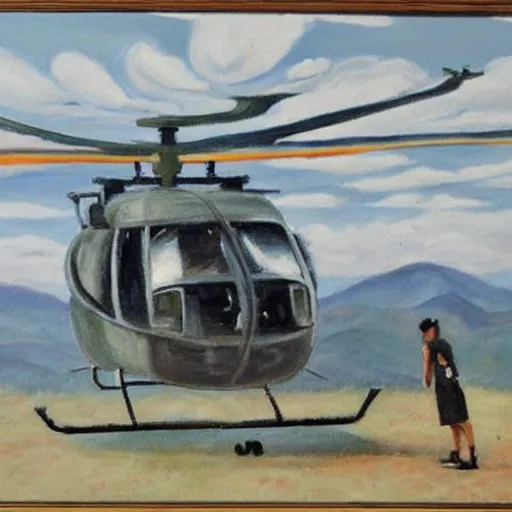 Image similar to painting of blonde swedish guy and tall korean guy in front or robinson helicopter