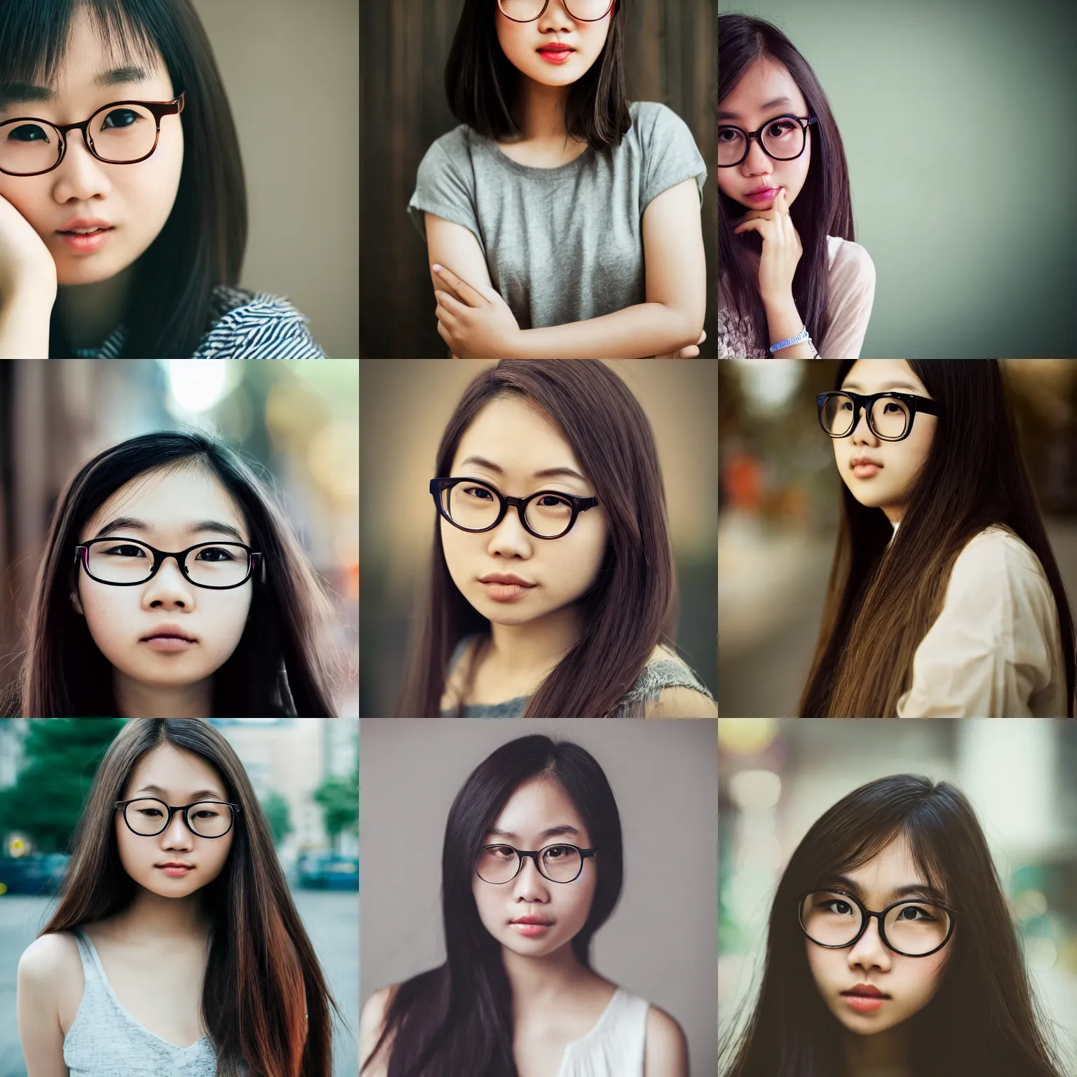 Prompt: portrait, award - winning, beautiful, cute, adorable, fair skinned, round faced, brown colored long hair, wearing round glasses and trendy clothing, asian girl, bokeh, dimly lit, intricate, highly detailed face, 8 k