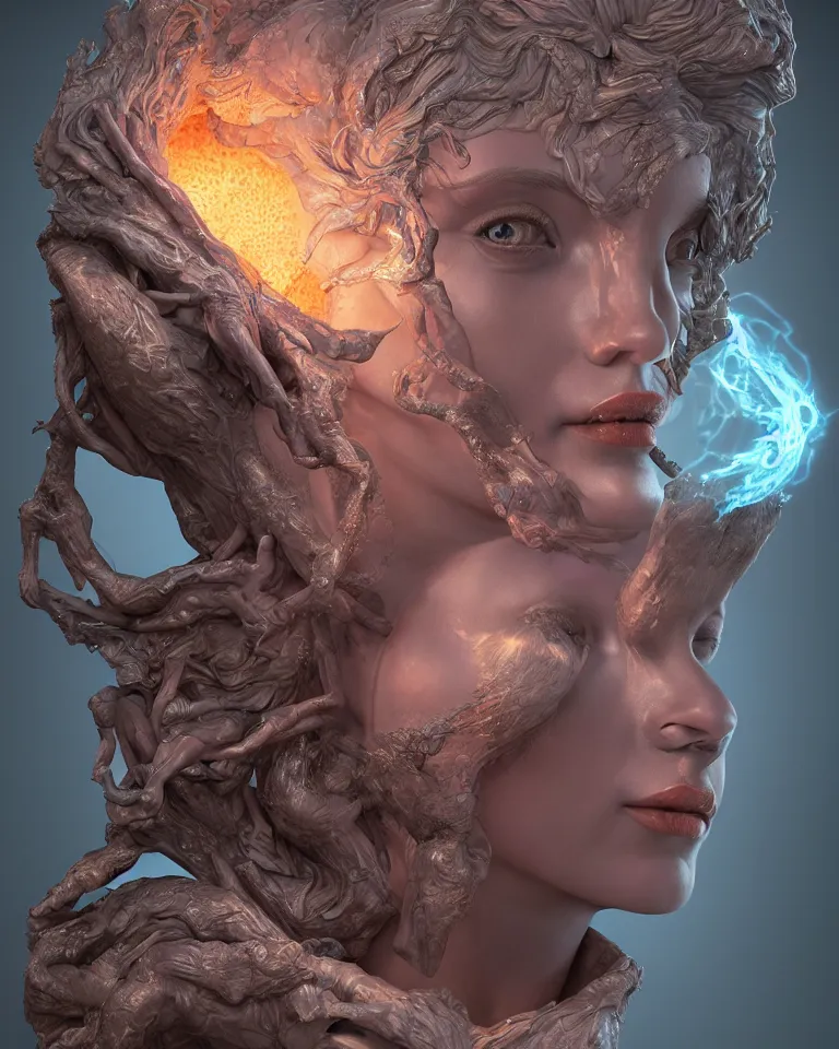 Image similar to metaphysical portrait of a gorgeous etherial female statue breaking apart by Andrew Ferez, cosmic horror, octane render, trending on cgsociety, featured on zbrush central, grotesque, vanitas, new sculpture, mystical