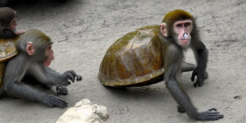 Image similar to a monkey sitting on the back of a turtle