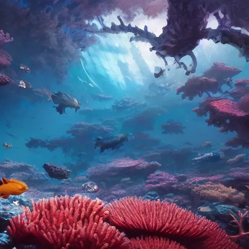 Image similar to beautiful coral reef photorealistic painting, wlop, concept art, octane render, deviantart, greg rutkowski, cinematic, artstation, key art, hyperrealism