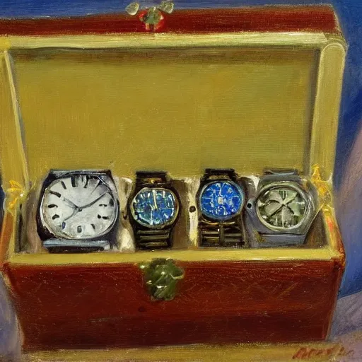 Prompt: an impressionist painting of a treasure chest full of wristwatches