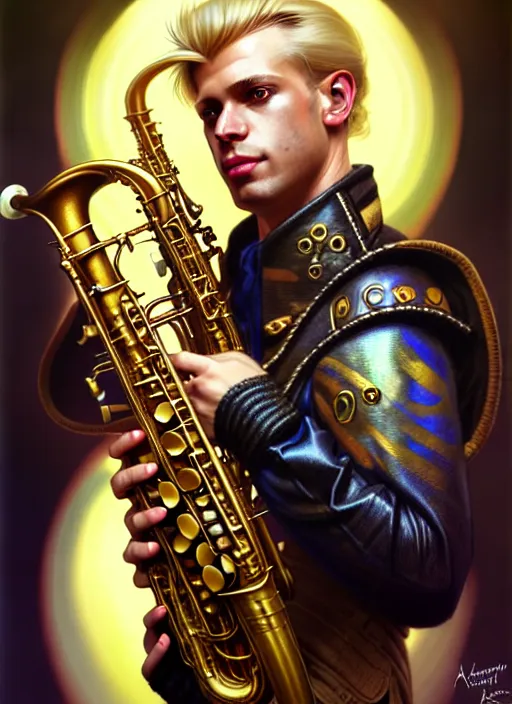 Image similar to portrait of a blond man playing sax, warhammer 40000, cyberpunk, intricate, elegant, highly detailed, digital painting, artstation, concept art, smooth, sharp focus, illustration, art by artgerm and greg rutkowski and alphonse mucha and Gustav Klimt